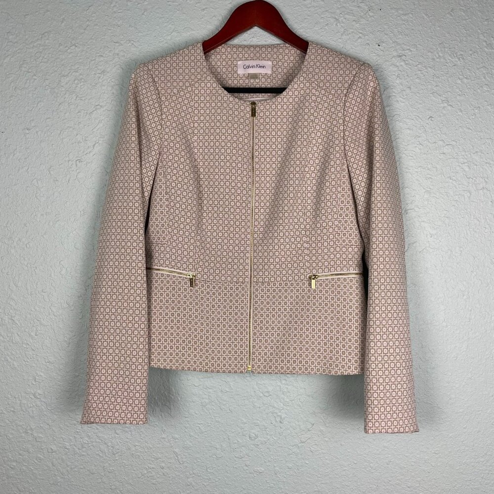Calvin Klein Women's 12P Dress Jacket Tan & Ivory Jacquard Textured Gold Zippers